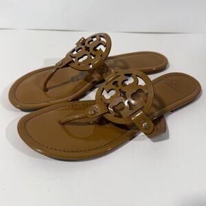 Tory Burch Women's Miller Sandals Flip Flop Flats Patent Leather Brown Tan 11